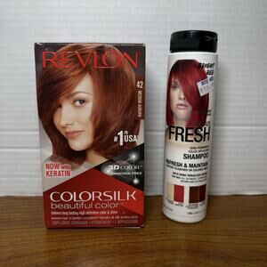 Revlon ColorSilk 3D Permanent Hair Dye Color # 42 Med Auburn & Red Shampoo Set